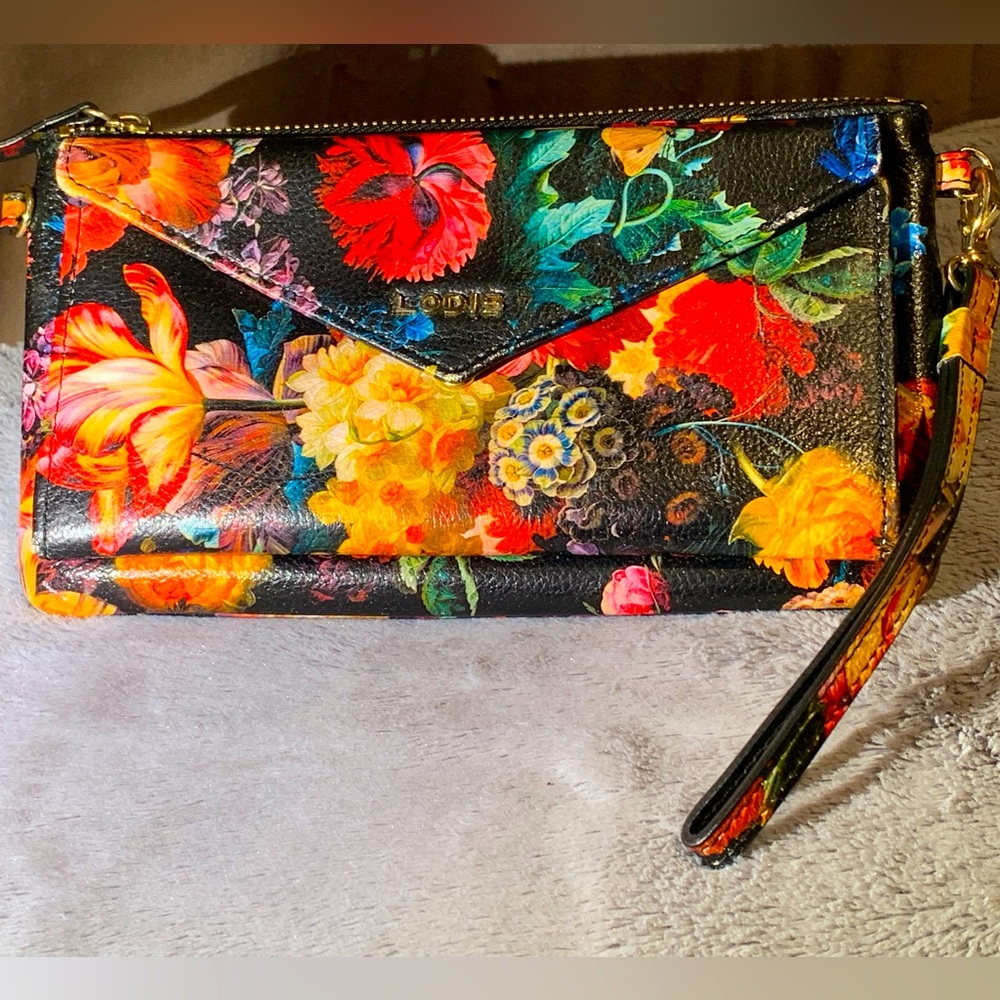 Lodis Floral black leather wallet/ wristlet